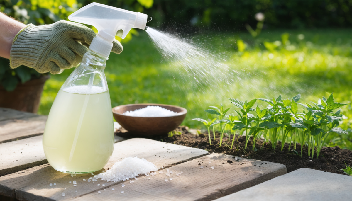 apprenez à fabriquer un désherbant naturel efficace avec du vinaigre blanc, du sel et du liquide vaisselle pour un jardin sain et sans produits chimiques.